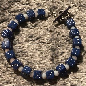 New Dark Blue Lucite Dice Casino Bracelet with White Cut Faceted Glass Accents
